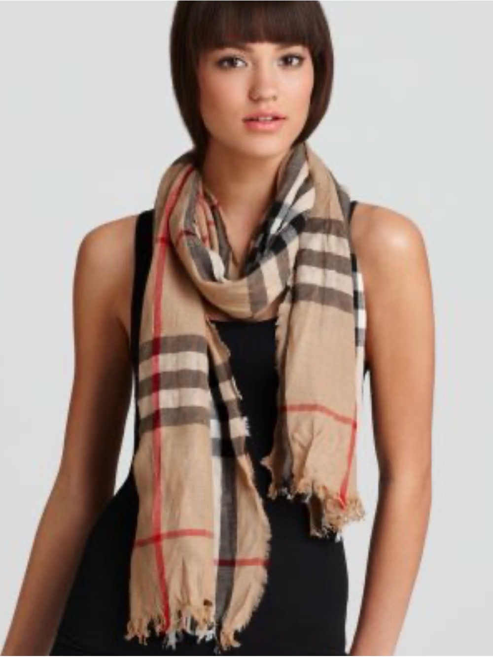 Beige Plaid Fringed Lightweight Scarf - Women Accessories
